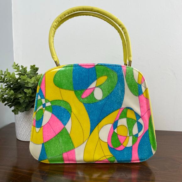 Vintage Mid Century Psychedelic Disco Mod Vinyl Top Handle Handbag Tote MCM GoGo - Picture 5 of 12